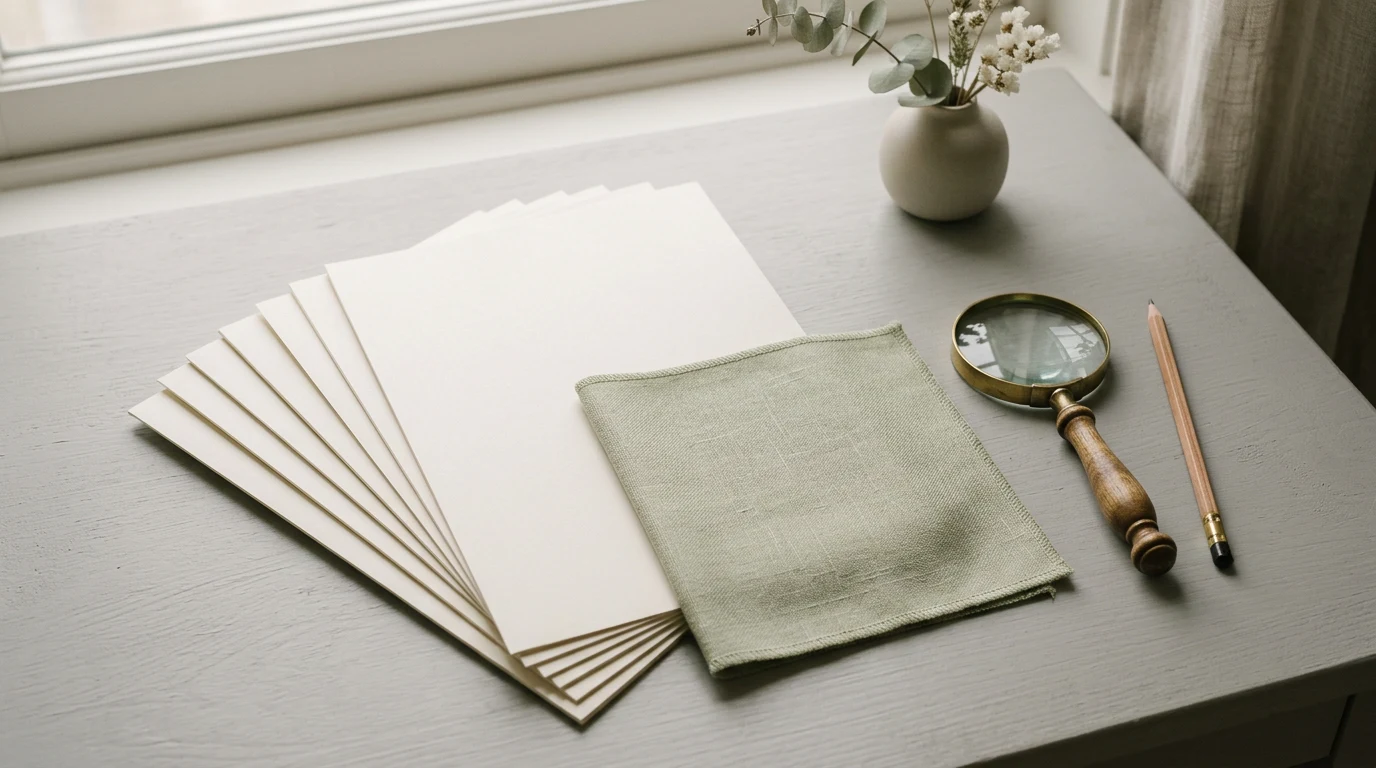 Report pages, fabric swatch, and magnifier on a desk