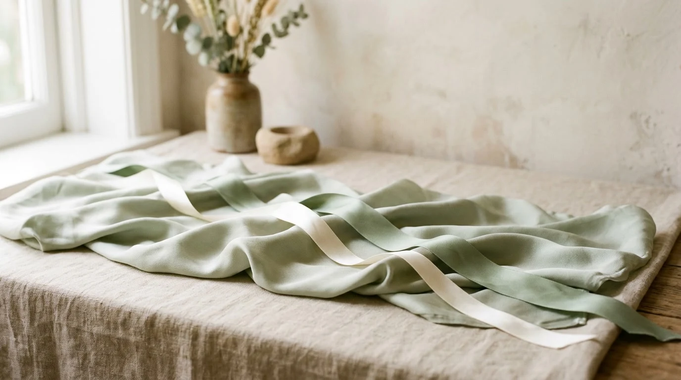 Draped silk fabric with satin ribbons in golden light