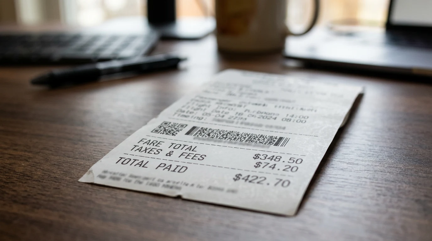 A boarding-pass-style airfare receipt where the total-price line and the tax/fee line sit in matching type size, evoking the regulatory debate over fare-ad promi.