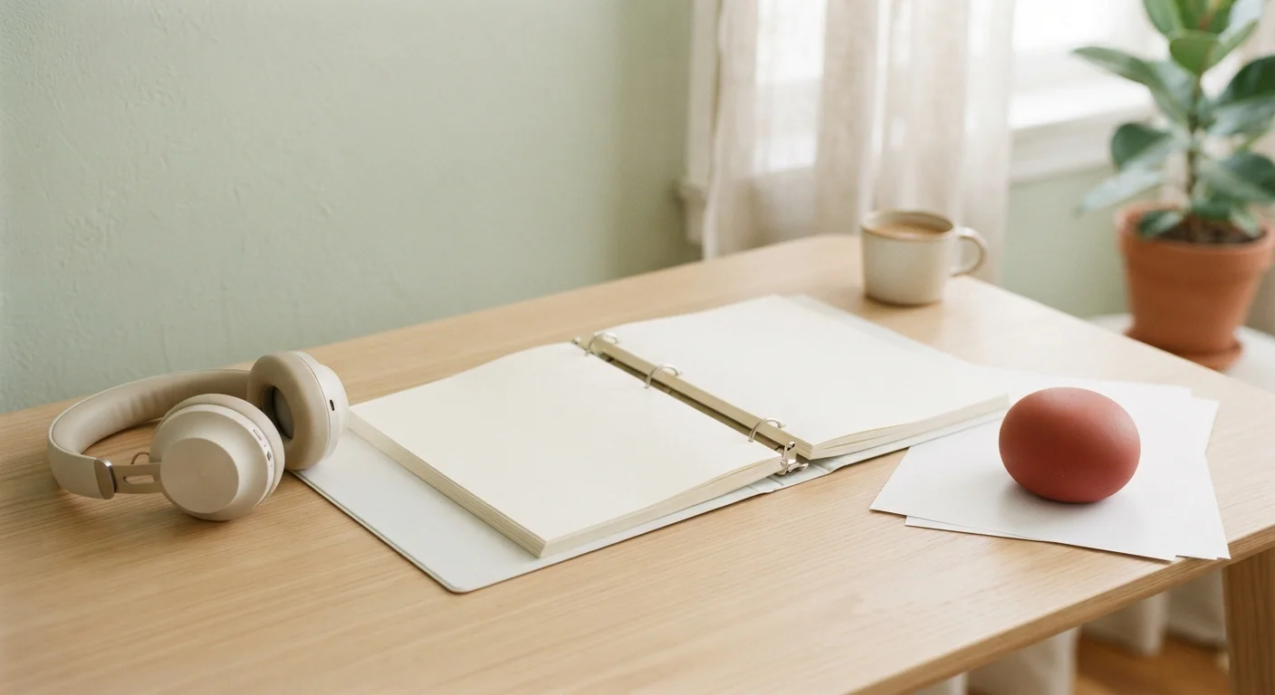Open binder and headphones on a desk beside a play-button-shaped paperweight