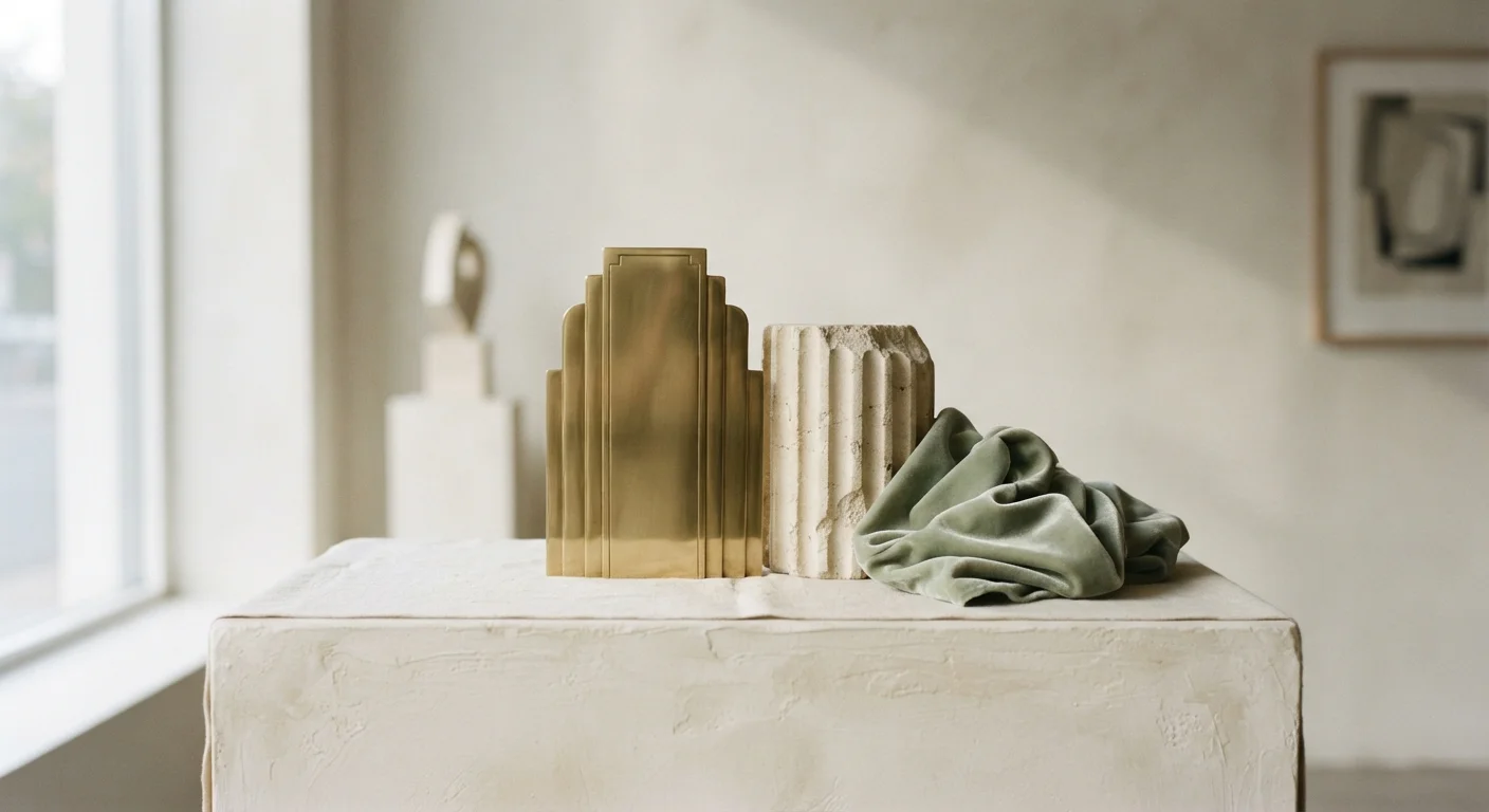 Art Deco lobby detail suggestion with brass elevator doors rendered abstractly
