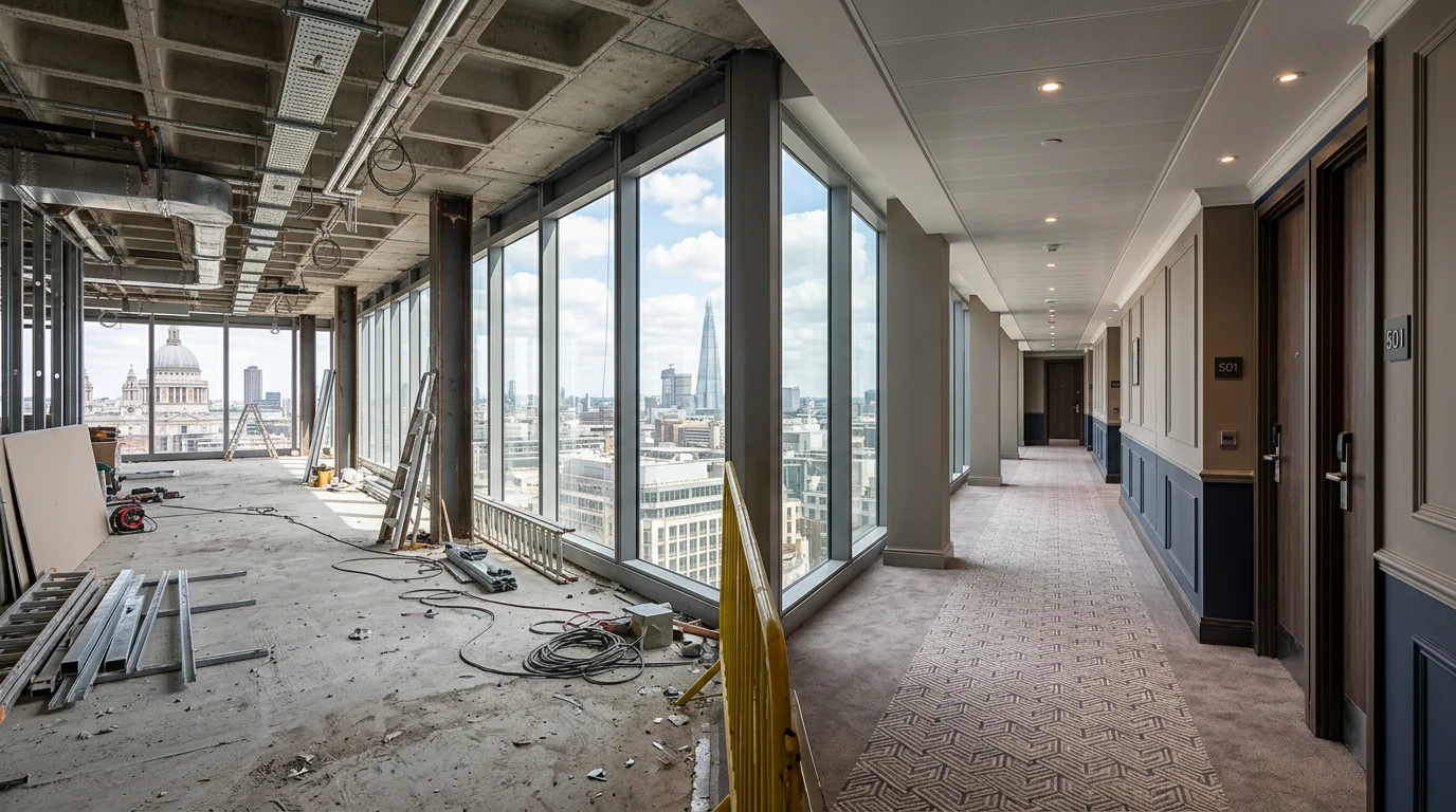An office tower mid-transformation, one half rendered as anonymous glass-and-column office floors and the other half as a lit hotel corridor with guest room doors, rendere.