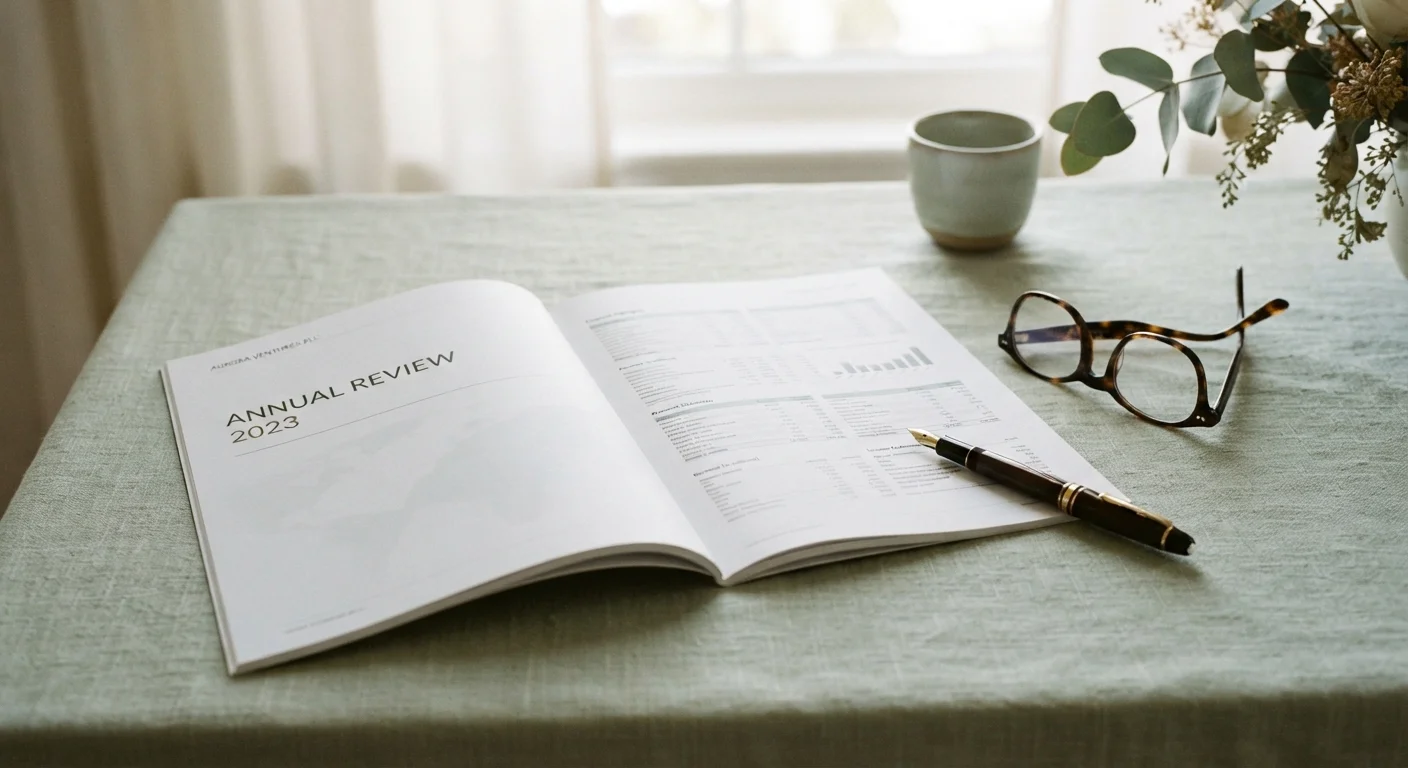 Open corporate annual report beside reading glasses and fountain pen