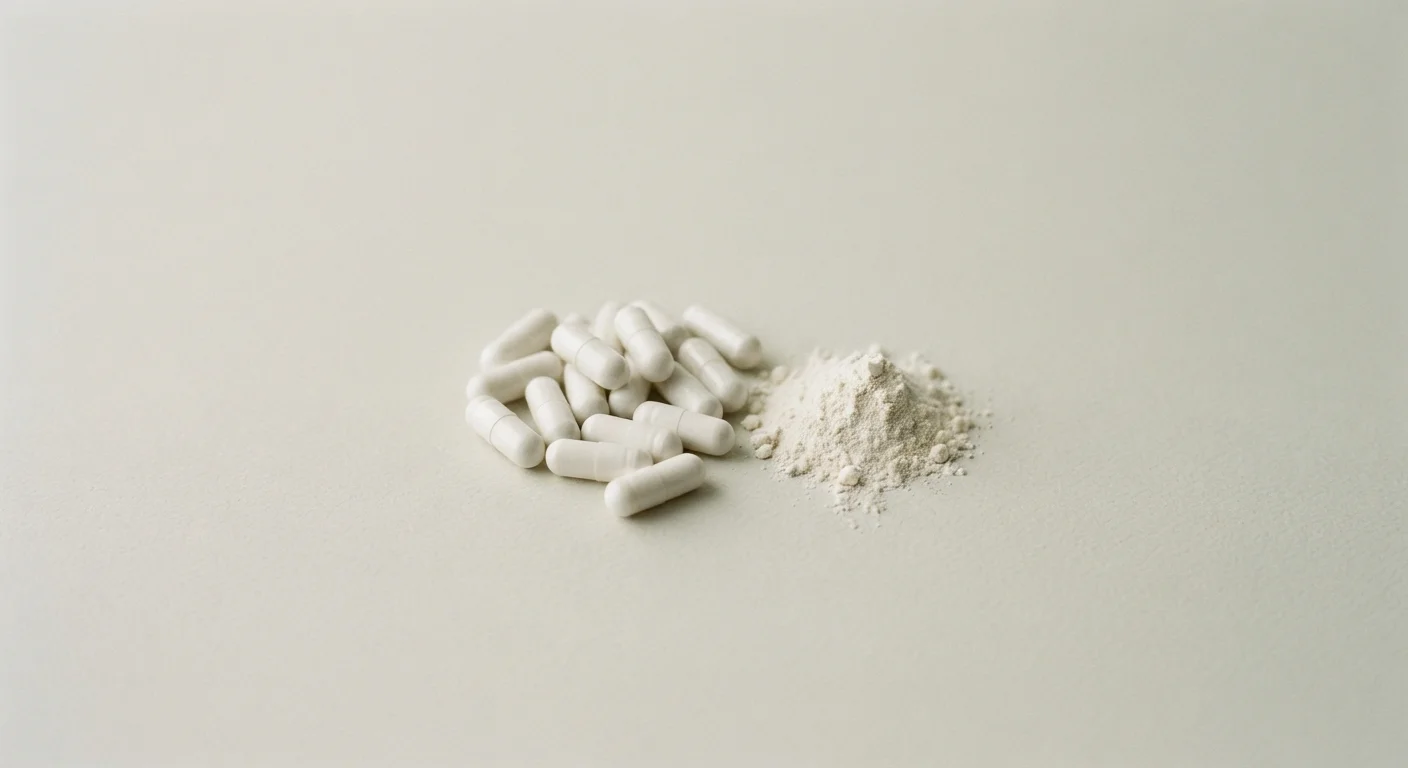 Unlabeled capsules and powder on a pale seamless background