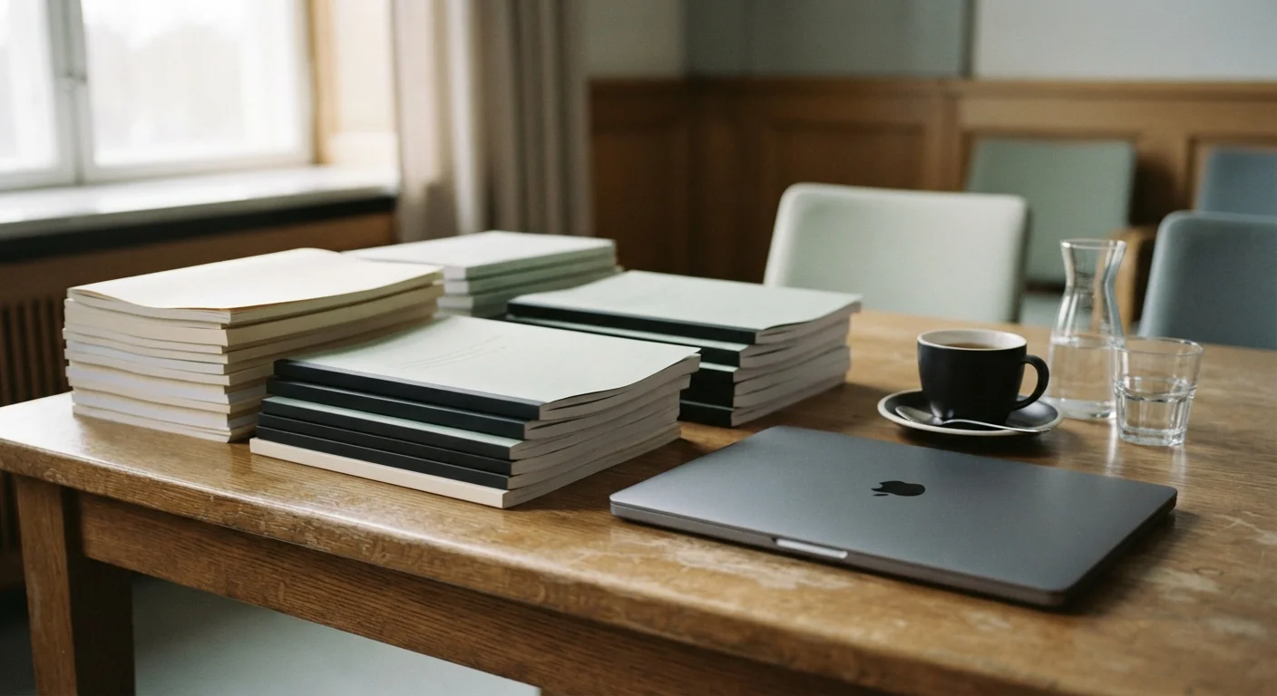 Stacked regulatory reports beside a closed laptop on a table