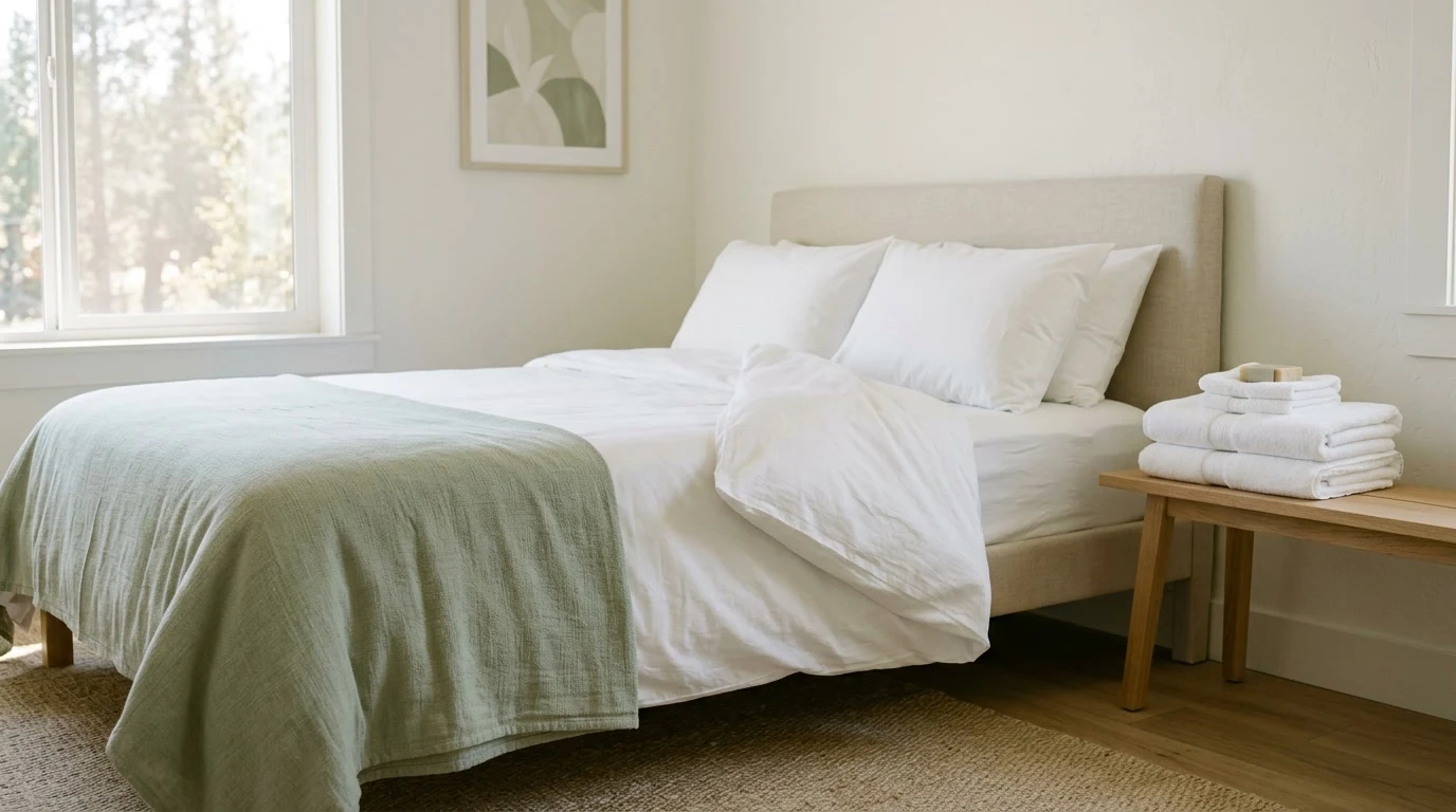 Unmade hotel bed in soft morning light