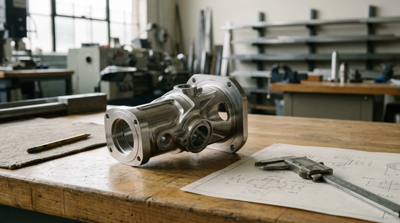 Abstract machined aerospace component on workbench in soft light