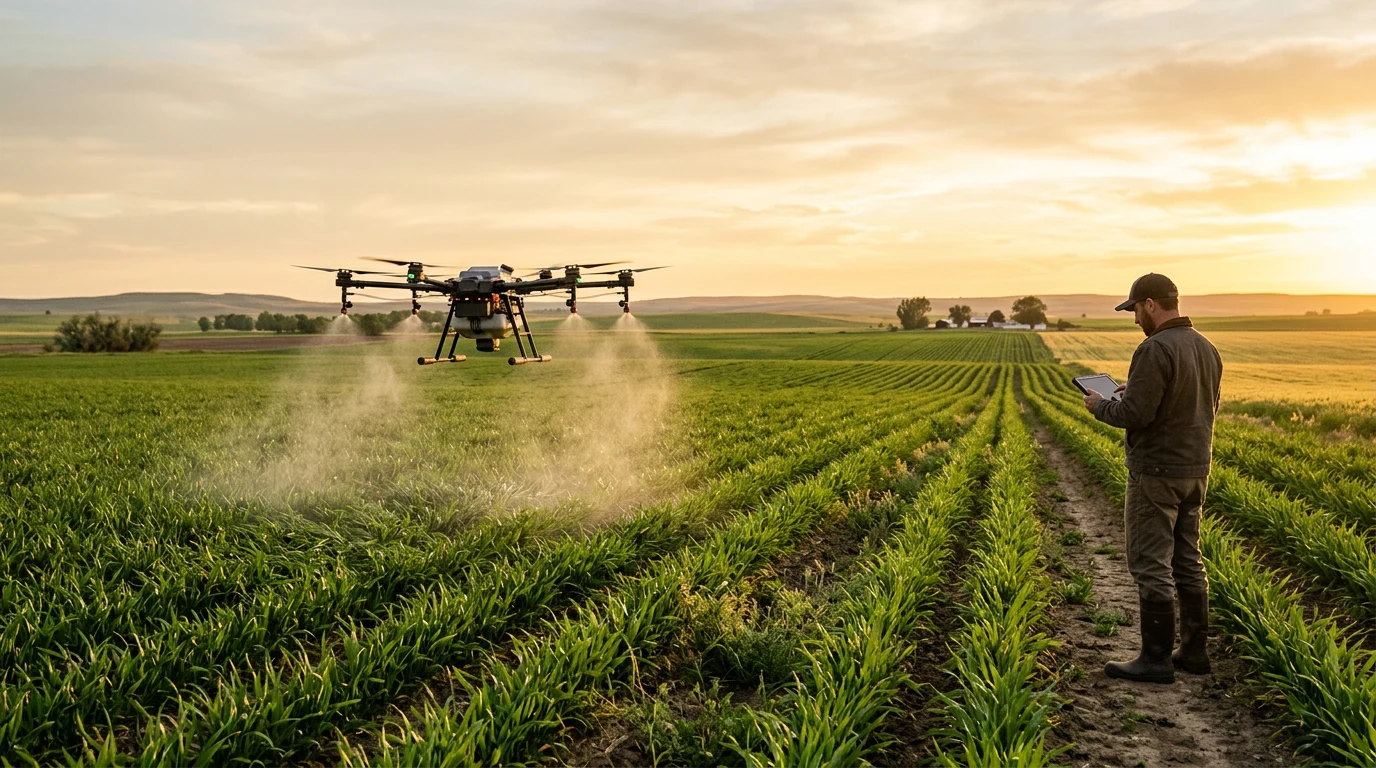 A compact agricultural spray drone flying a low swath pass over a green row-crop field at golden-hour light.