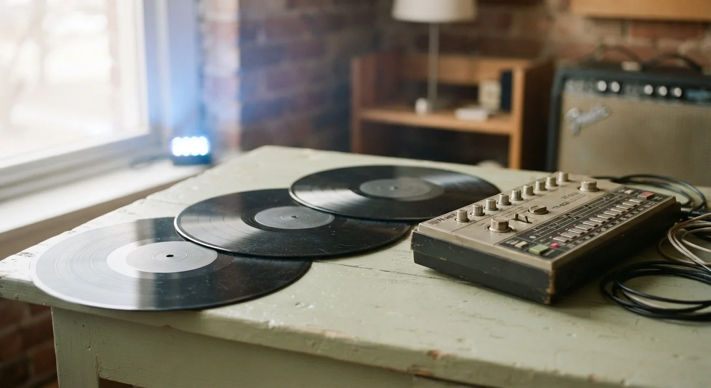 Vinyl records and drum machine under colored club light
