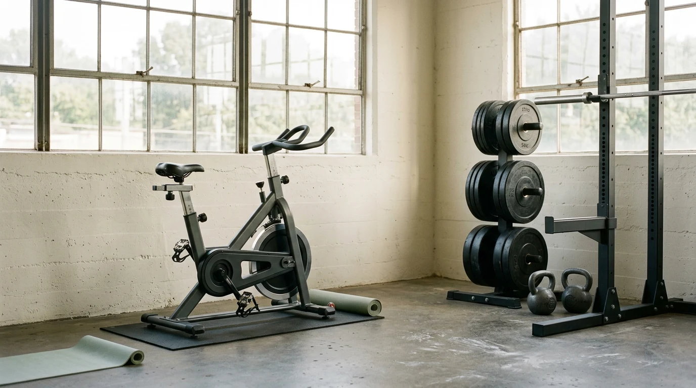 Empty gym floor with a stationary bike in morning light through high windows