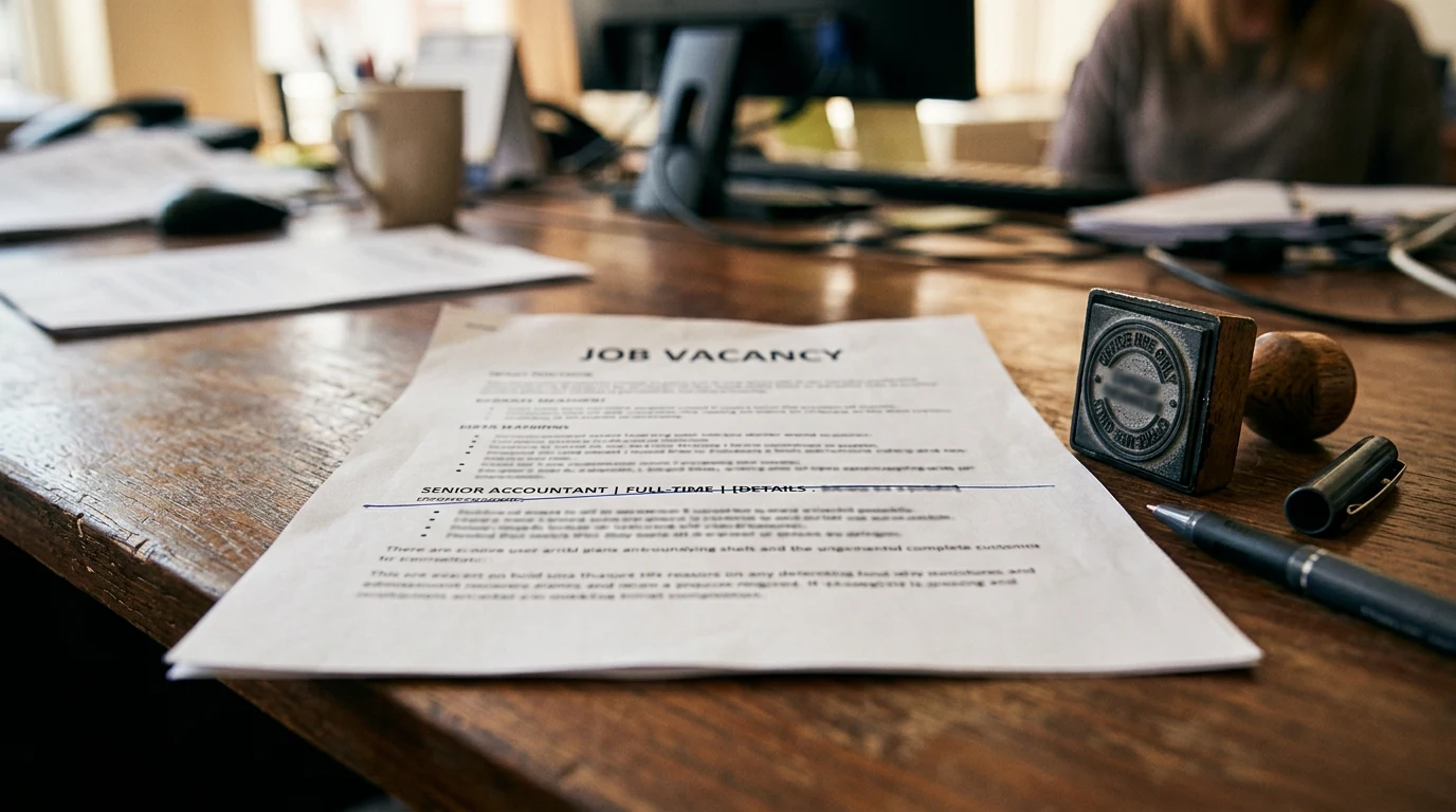 A job-posting document with 'degree required' being crossed out and restamped, set against a mostly-unchanged hiring funnel behind it — visualizing the ga.