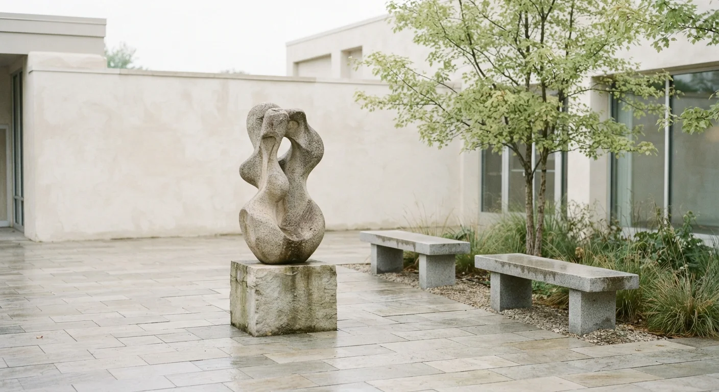 Plaza with abstract sculpture and benches in morning light