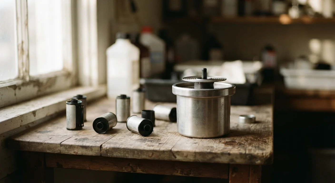 Developing tank and film canisters on a wooden shelf