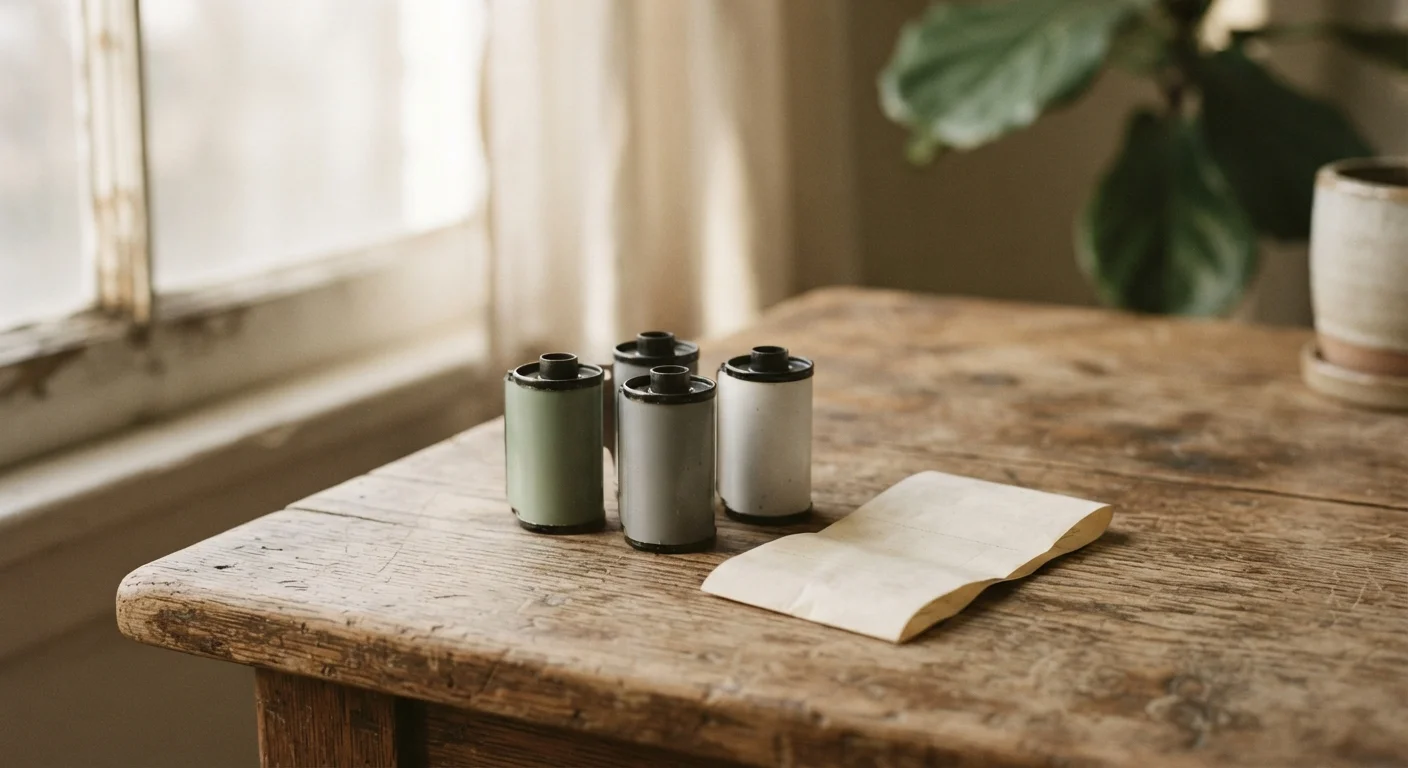 Film canisters beside a paper receipt on wooden table