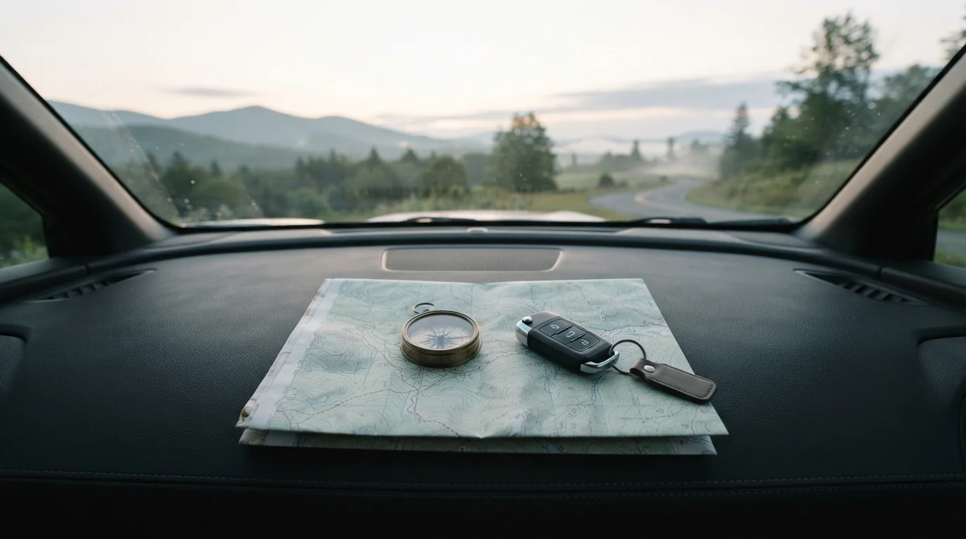 Trail map and compass on a car dashboard at dawn