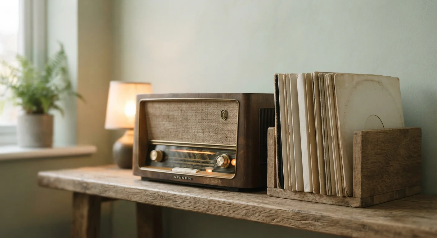 Vintage radio receiver beside worn record sleeves