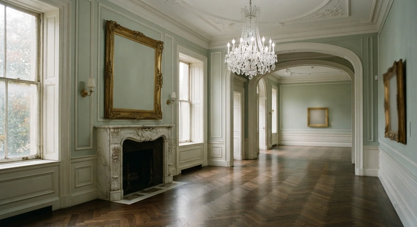 Gilded Age gallery room with parquet floor and chandelier