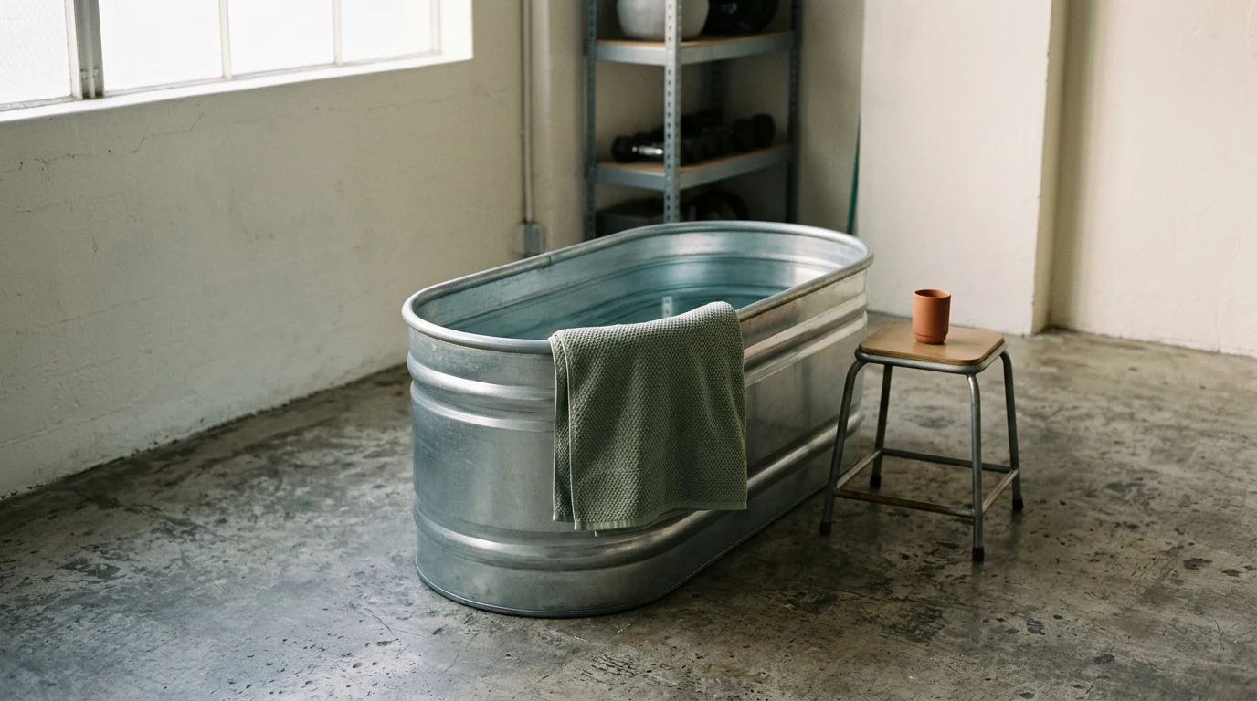 Empty steel tub with water and a towel beside it on a gym floor