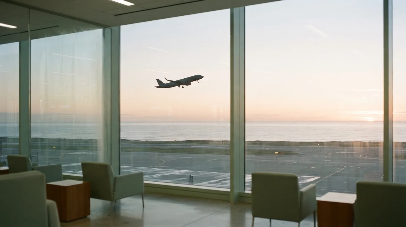 Unbranded single-aisle aircraft silhouette over open ocean at dawn