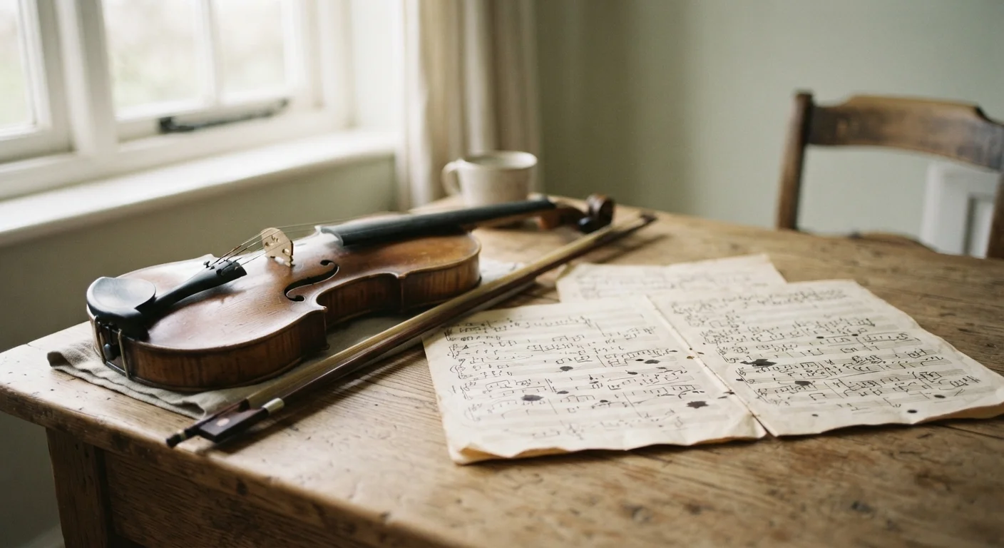 Handwritten sheet-music pages and violin in soft window light