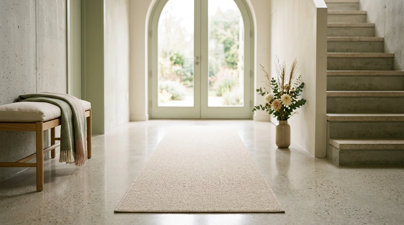 Plain champagne-toned carpet strip leading toward bright doors