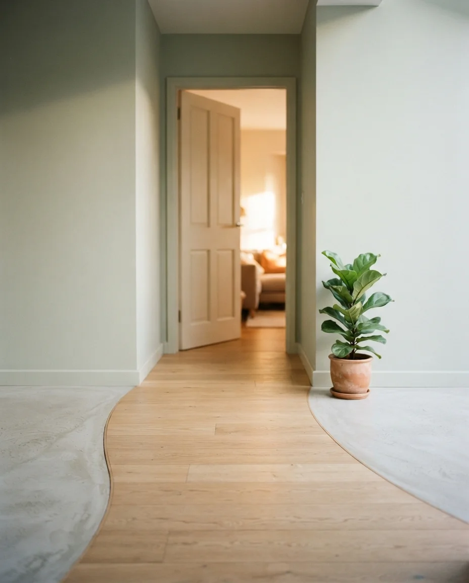 Curved wooden path leading back toward an open office door