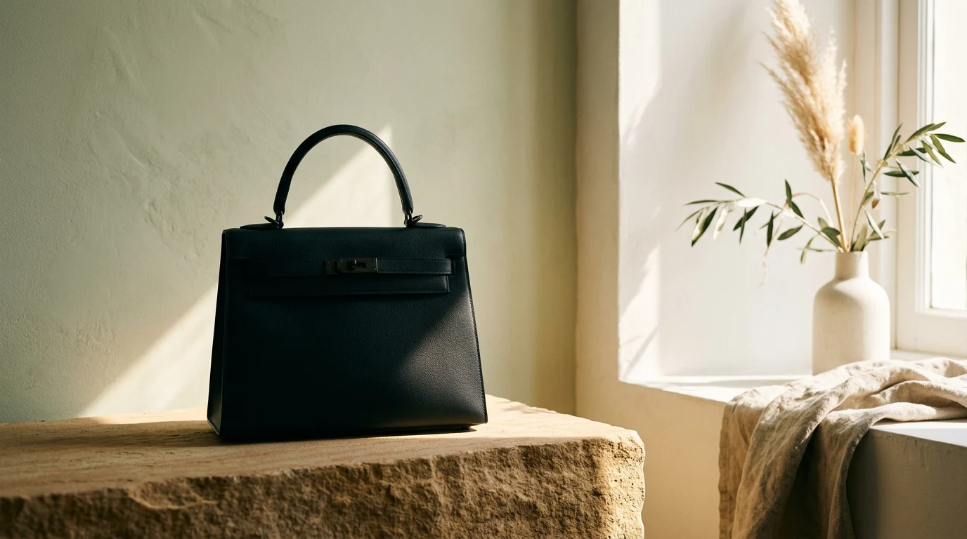 Structured leather handbag shape under soft studio light