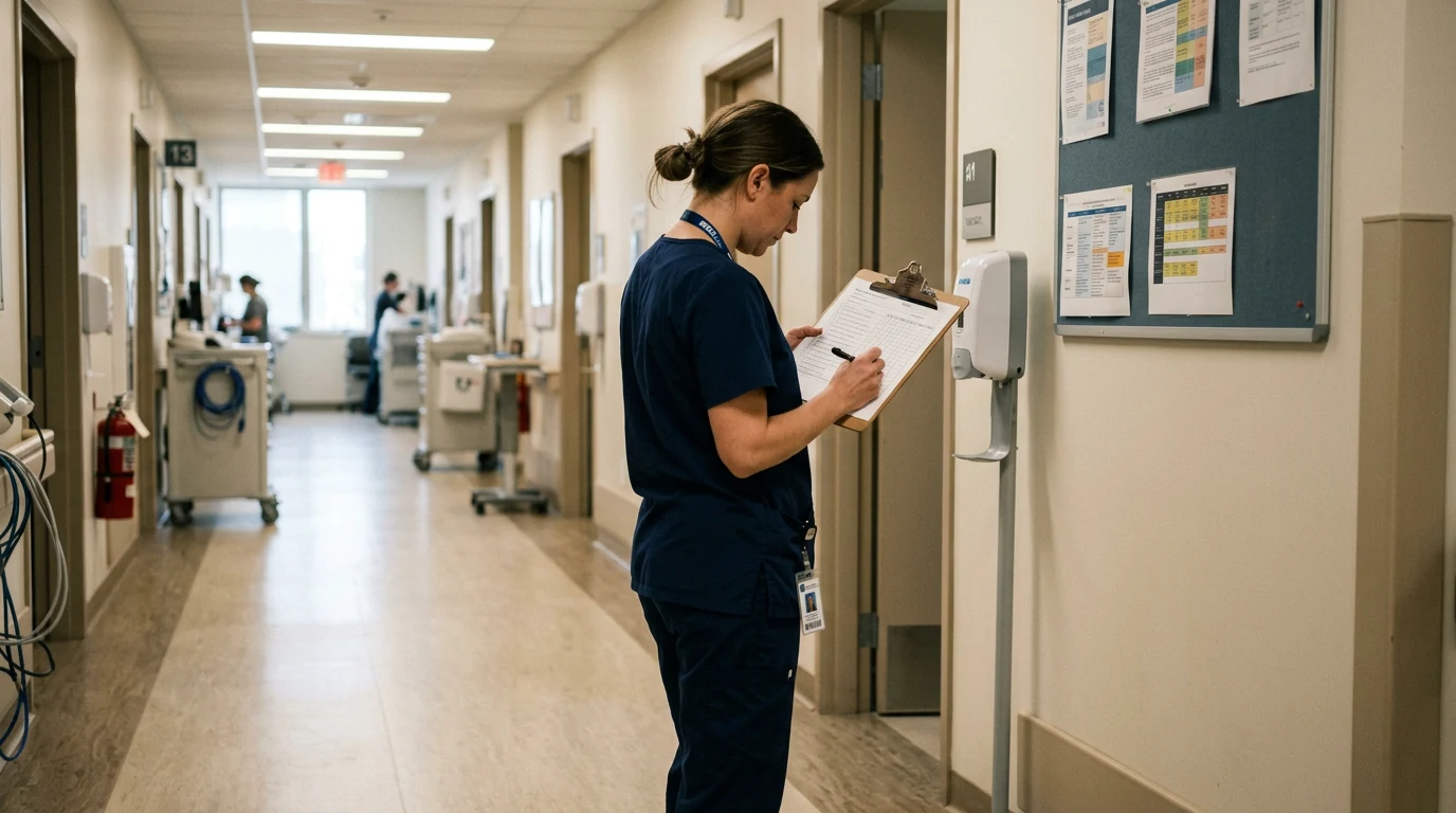 A certified nursing assistant in scrubs reviewing a training checklist beside a stylized New York State outline.