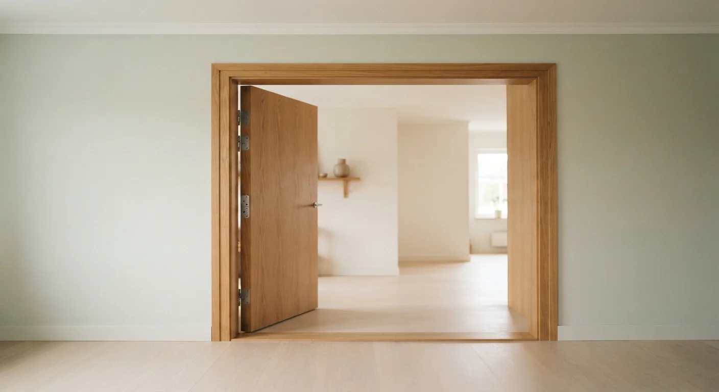 Wide interior doorframe with morning light on oak trim