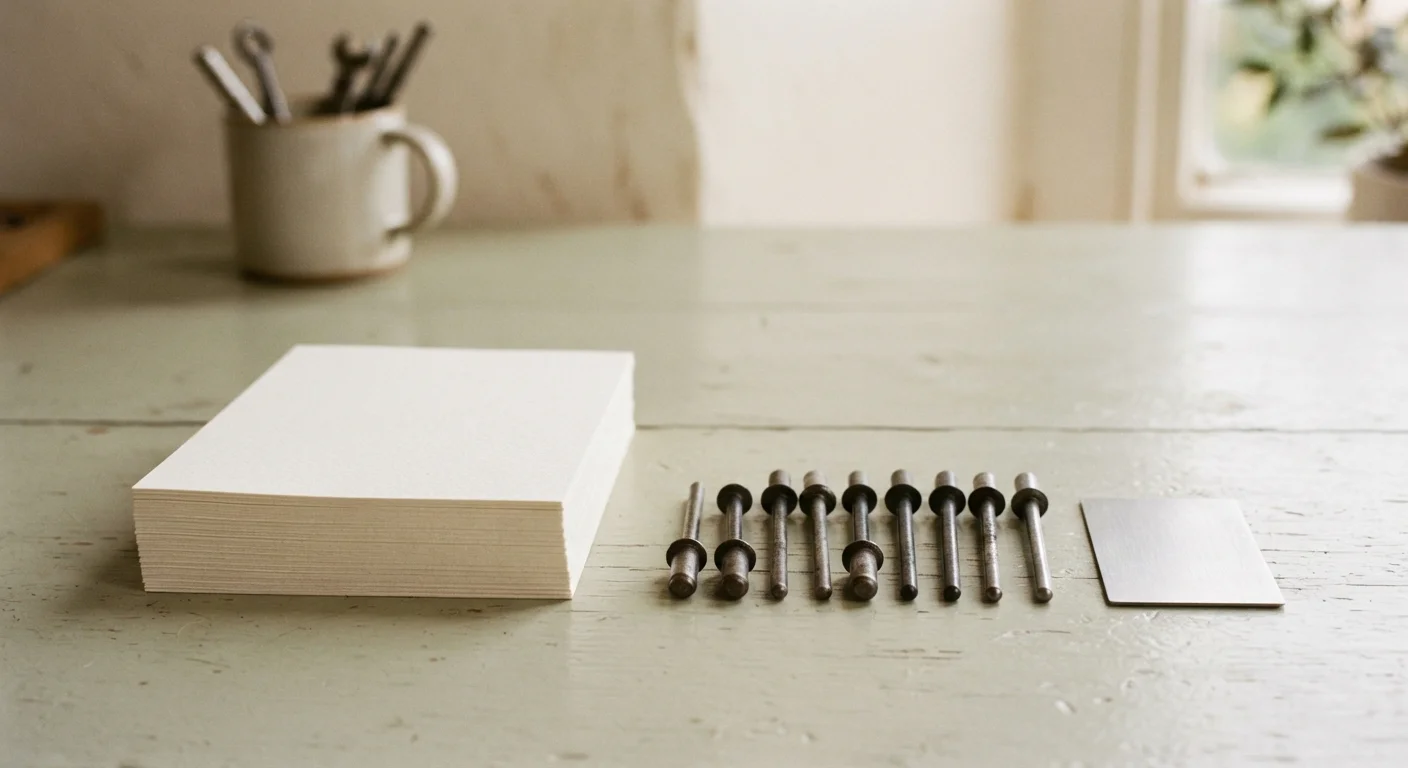 Stacked printed notices beside steel rivets on a worktable