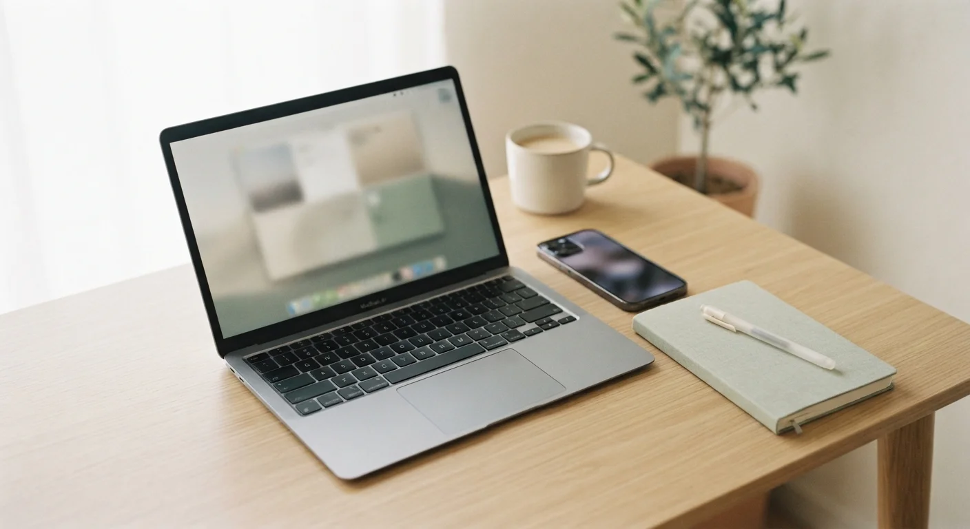 Laptop and phone on desk with blurred newsletter interface