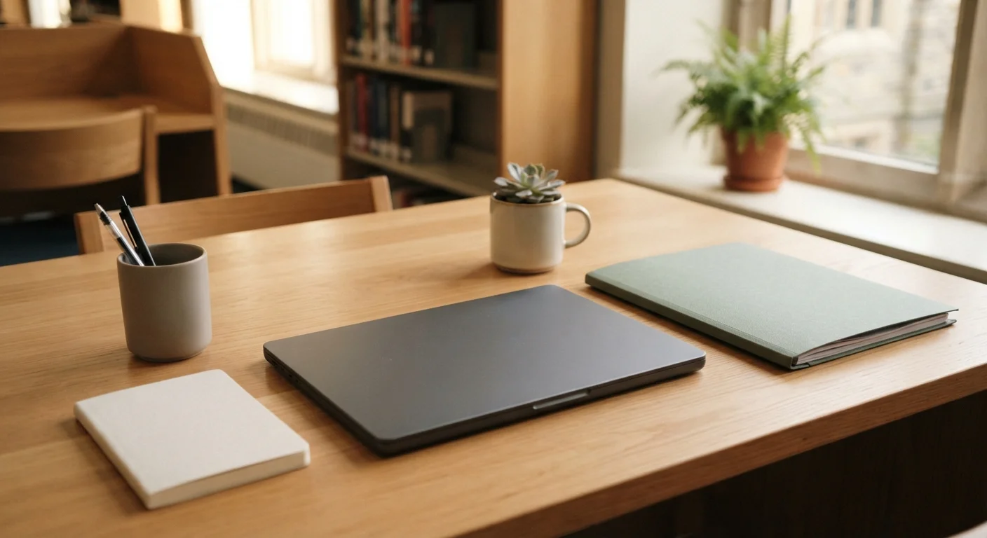 Laptop and folder on a university desk in daylight