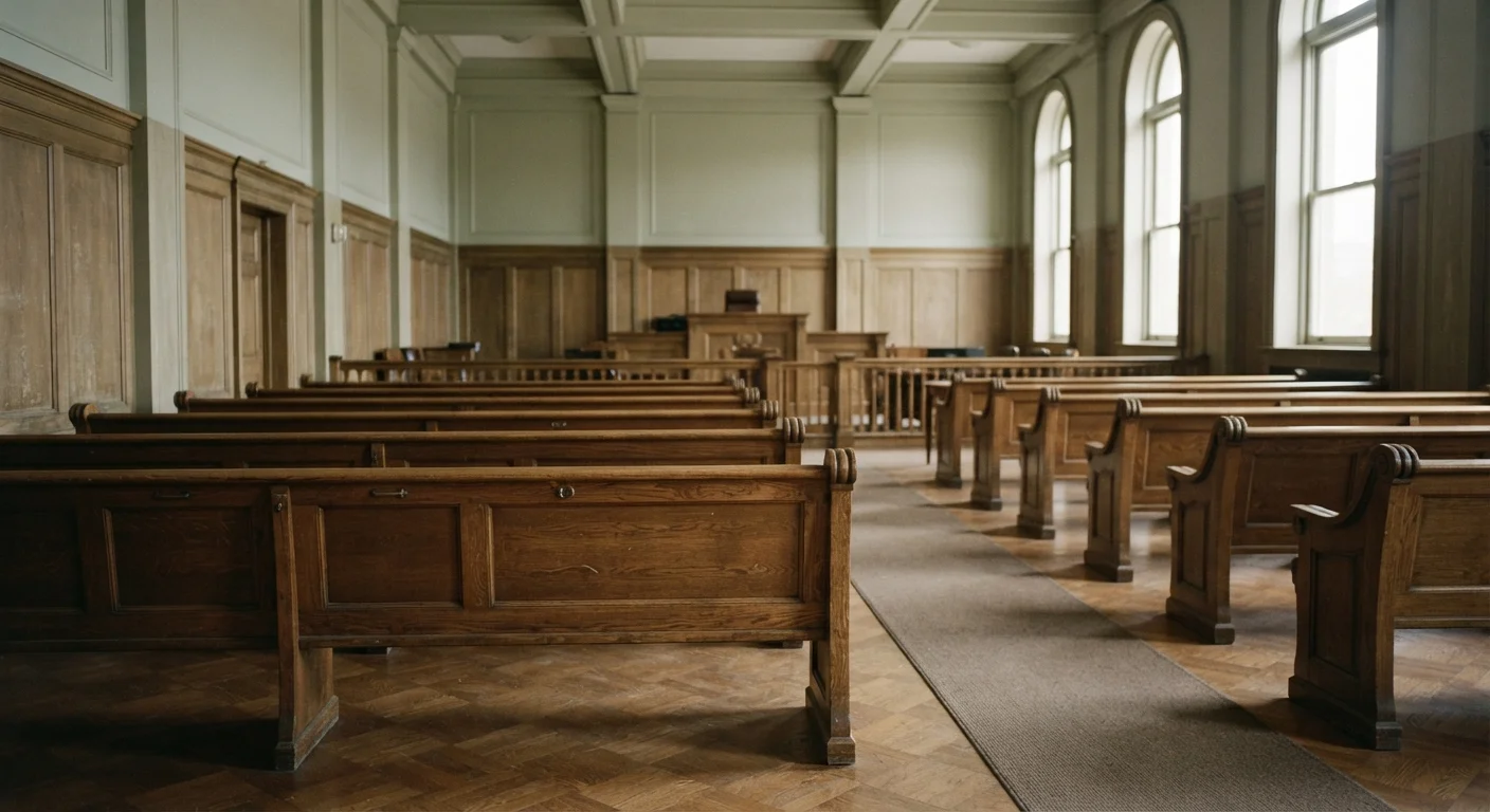 Empty courtroom gallery with high windows and daylight