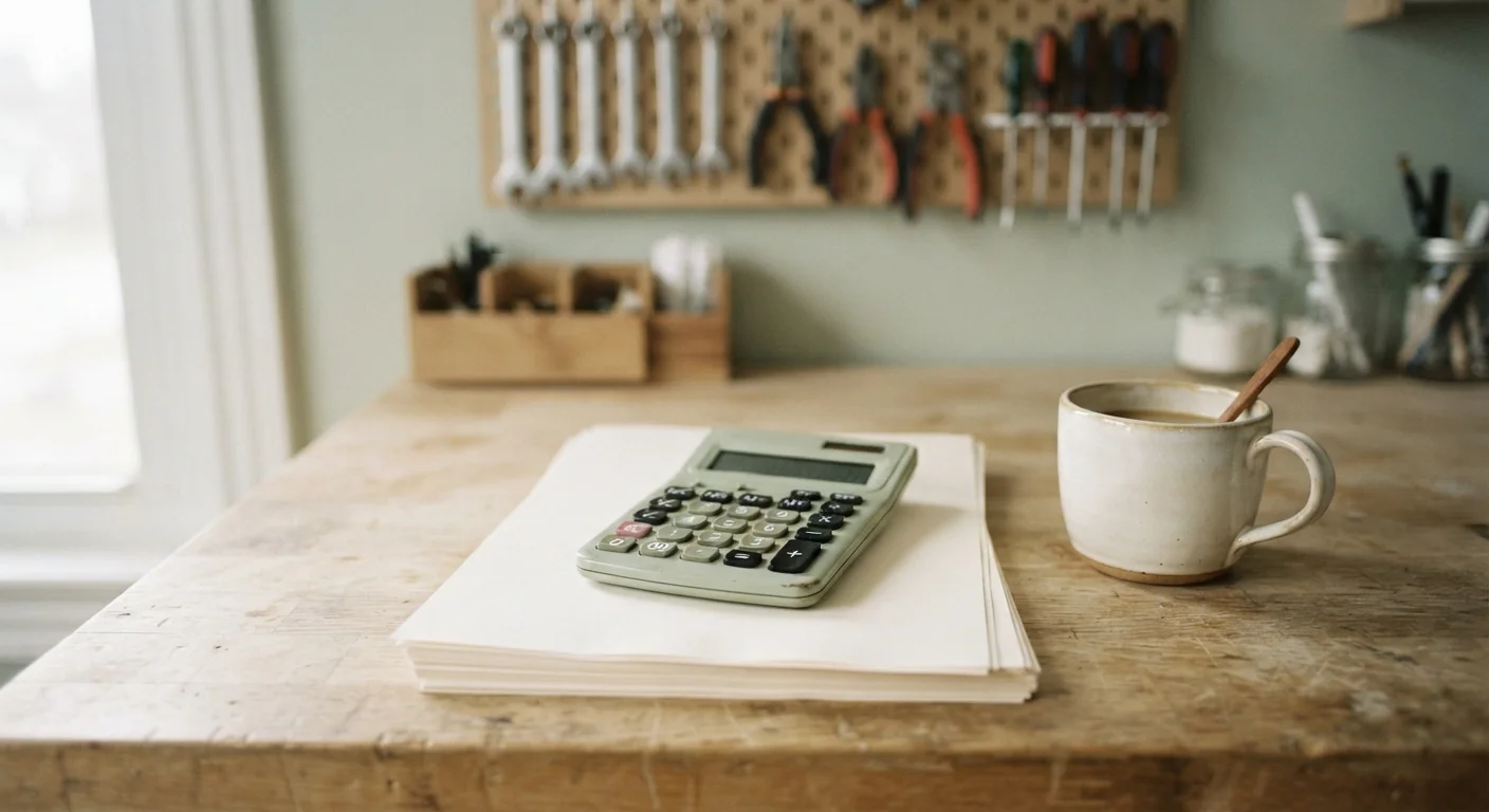 Calculator and paperwork stack on a small workshop bench in natural light