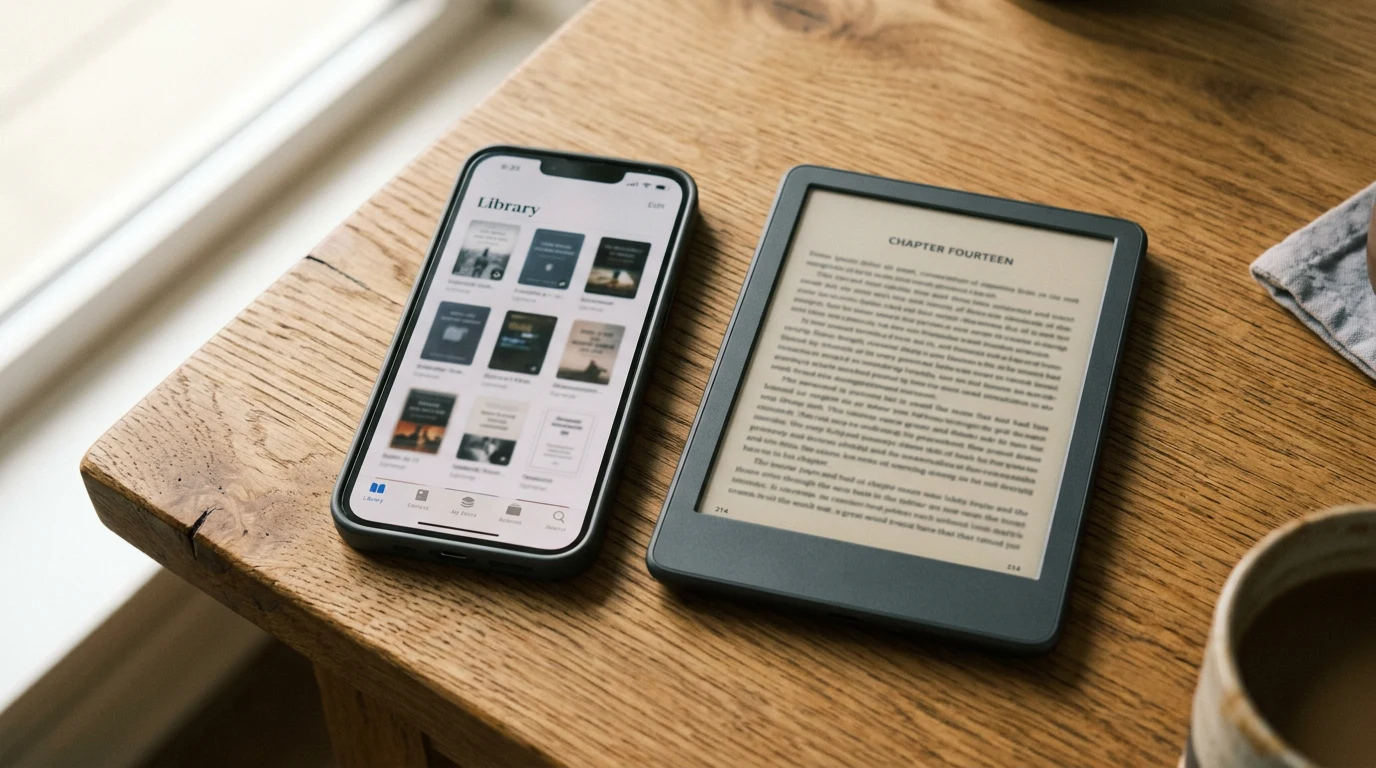 A single ebook icon traveling along a dotted handoff path from a library-app phone screen to a Kindle e-reader, rendered in Inkless Books' clean, muted-paper color pa.