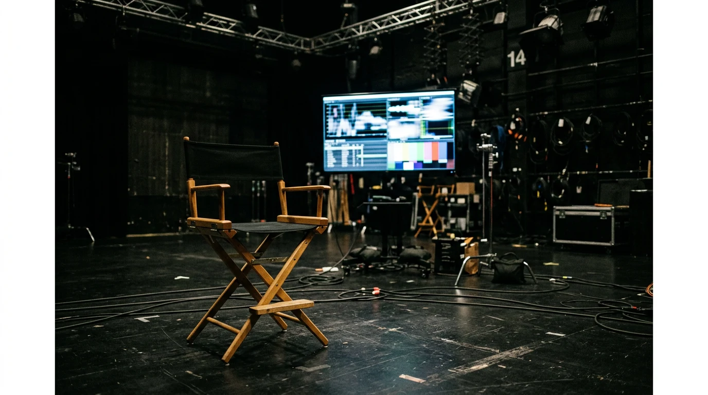 An empty director's chair at the center of a darkened television studio, a large glowing monitor behind it.