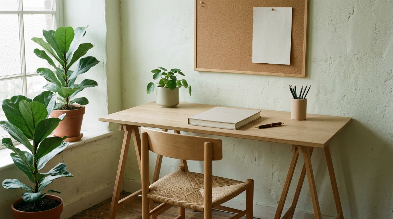 Empty chair at a prepared desk beside an open notebook