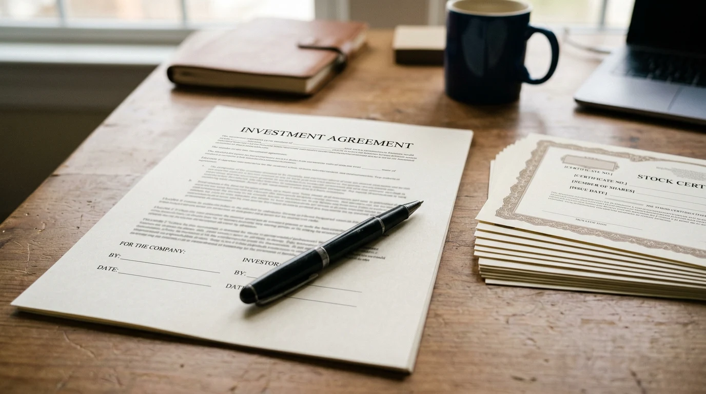 A single sheet of paper (the one-document SAFE contract) with a dotted conversion arrow leading toward a small cluster of equity shares/cap-table squares, in flat geometri.