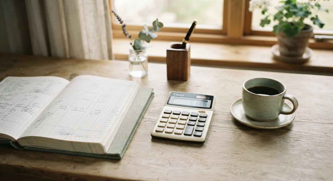 Ledger notebook and calculator on plain wooden desk