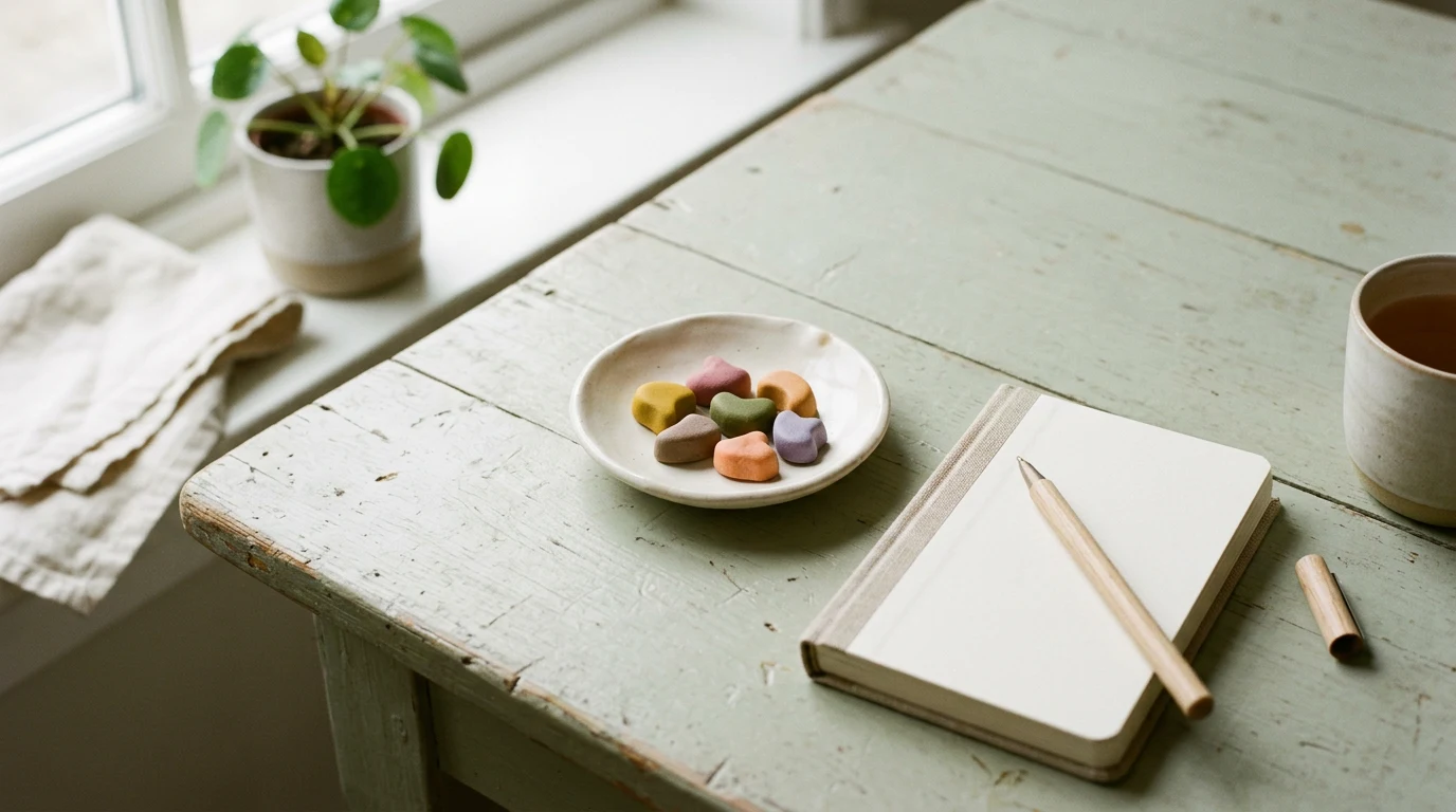 Plain candy dish with colored sweets beside notebook