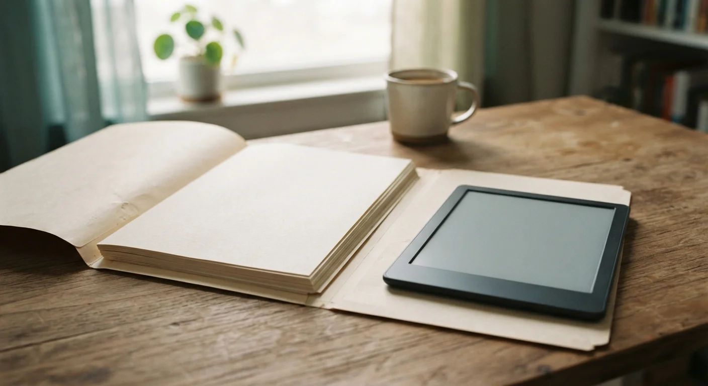 Open file folder with loose pages beside an unbranded e-reader