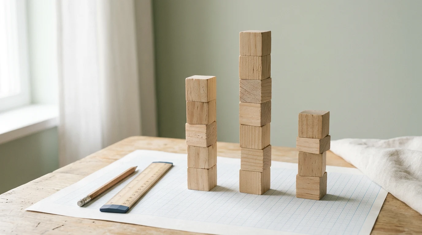 Three columns of stacked blocks on graph paper