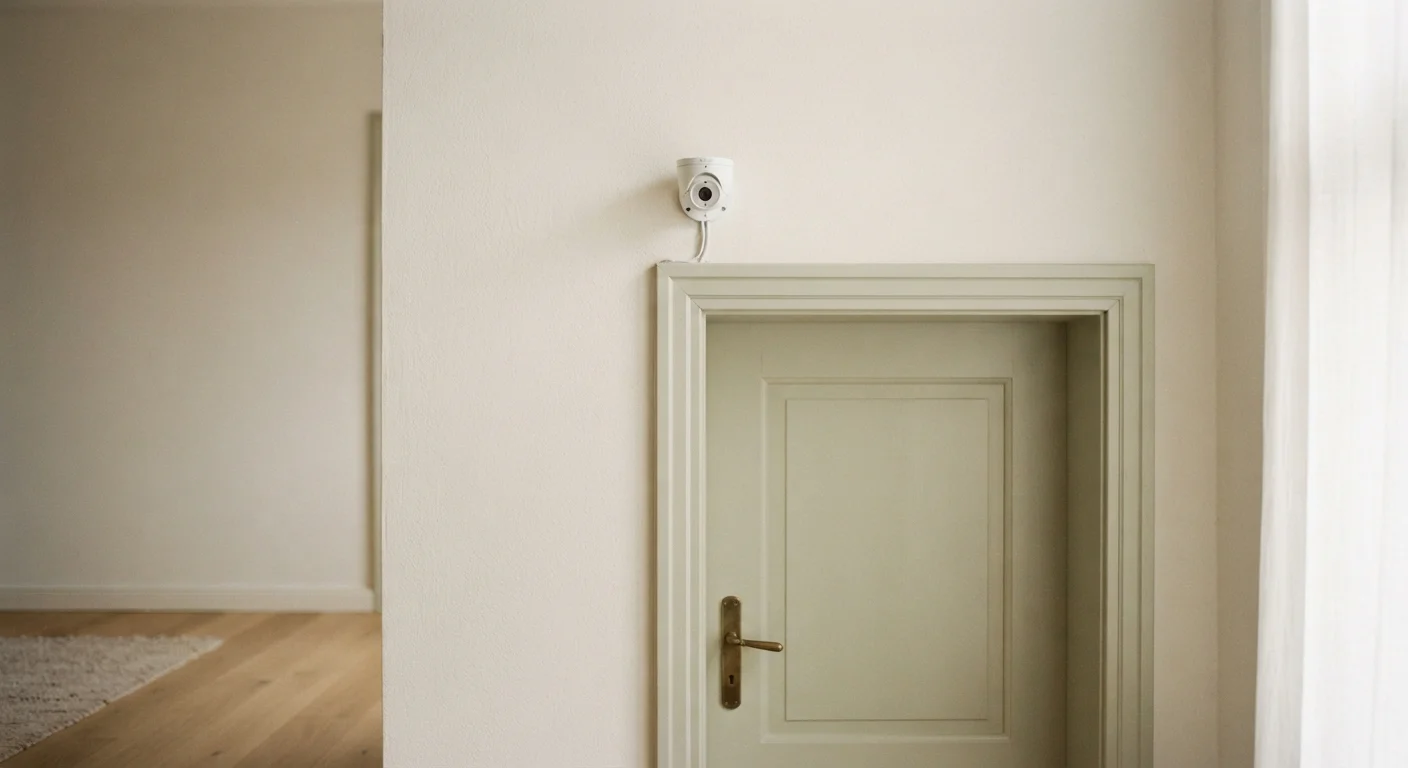 Blurry surveillance camera above an empty doorway in low light