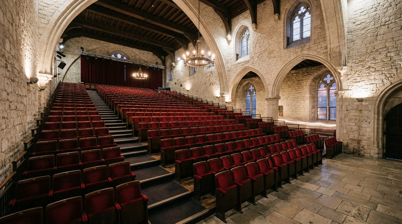 Empty tiered red-velvet theater seating set against pale medieval stone walls, evoking an inverted stage built inside a historic hall.