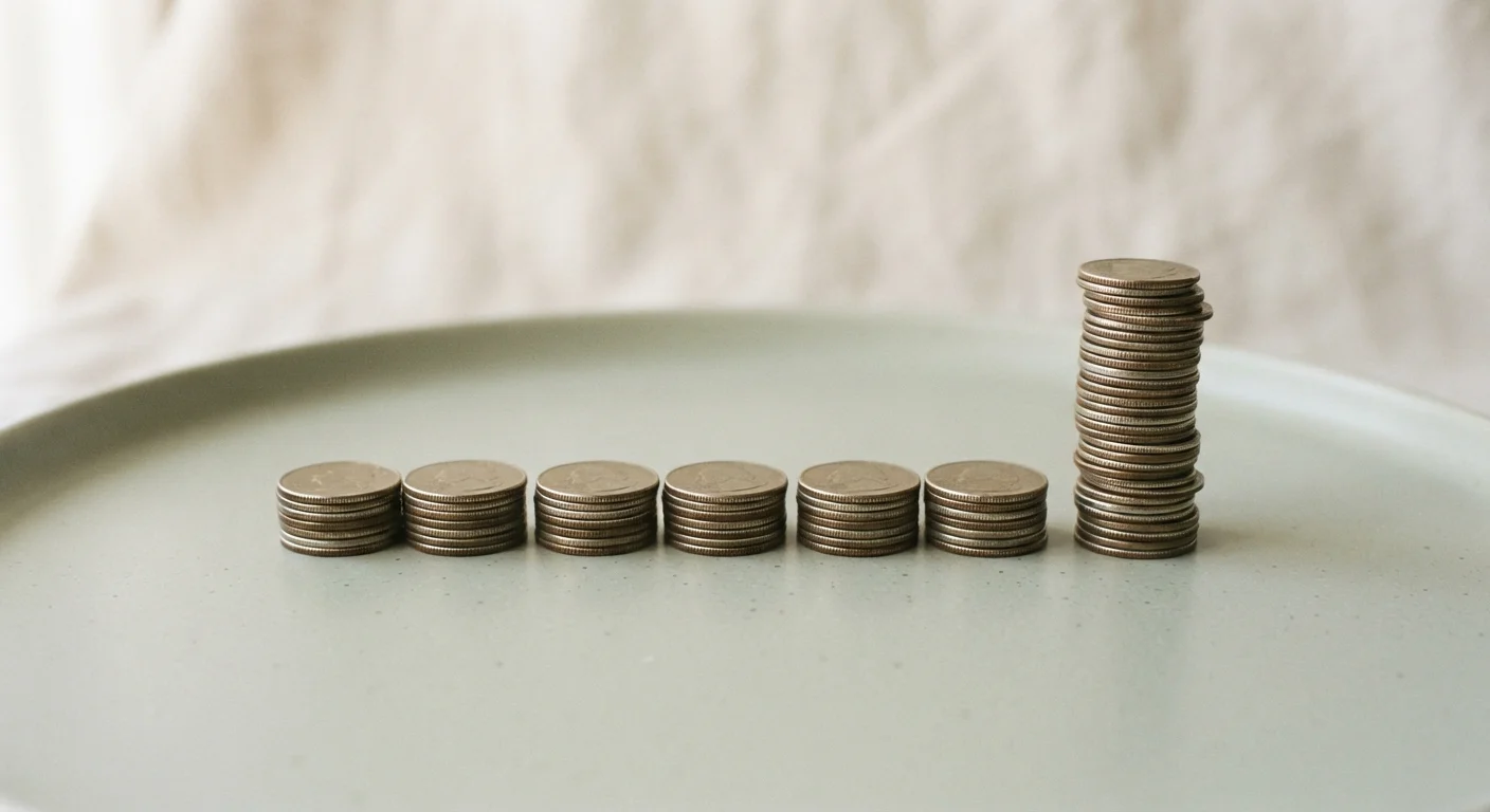 Identical coins stacked in uneven columns on a neutral surface