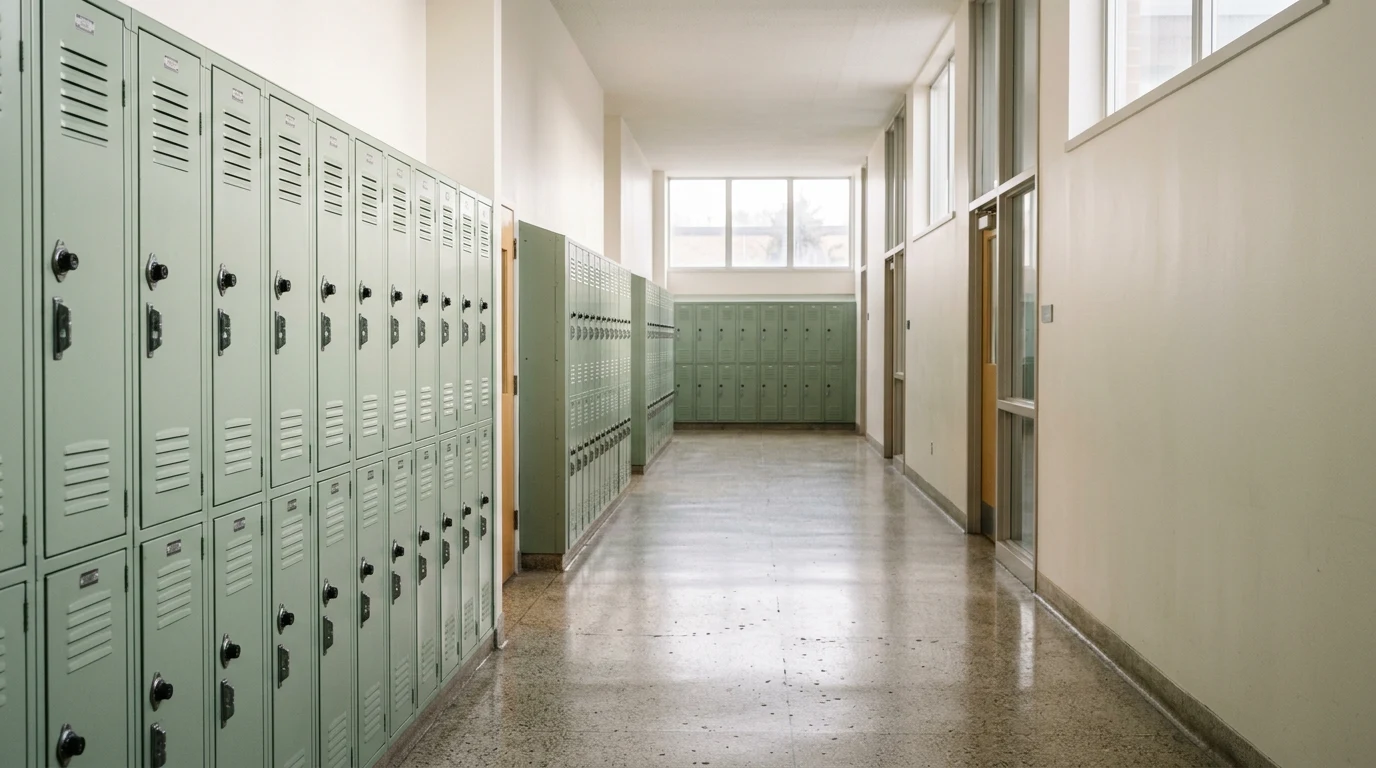 Empty school hallway with lockers in neutral daylight