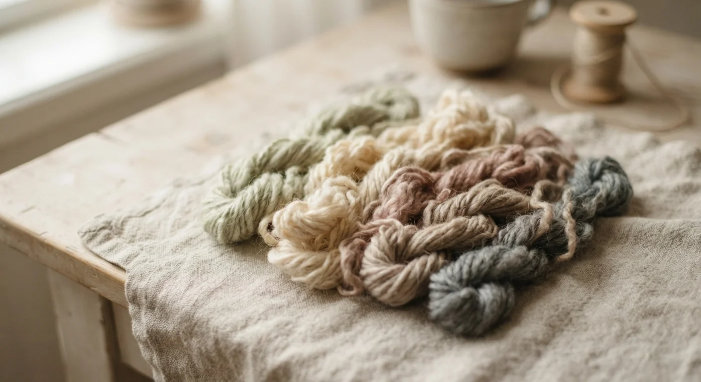 Wool threads and linen cloth on wooden work table in soft light