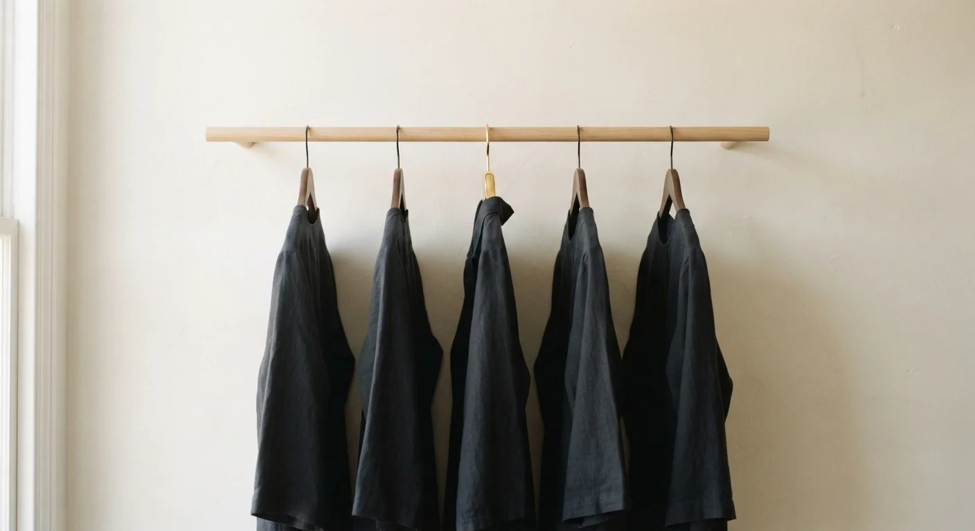 Row of identical dark garments on a wooden rail