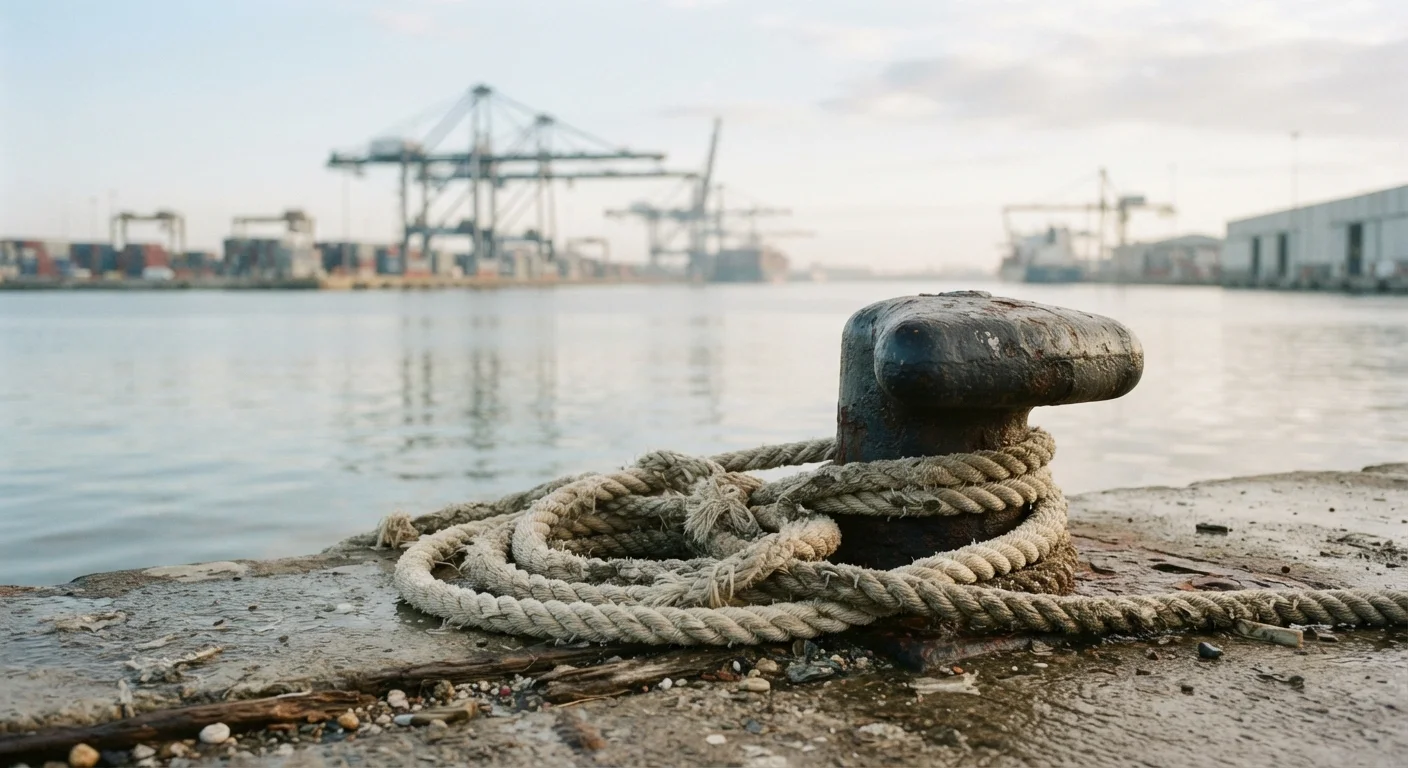Harbor bollards and mooring lines under an overcast sky