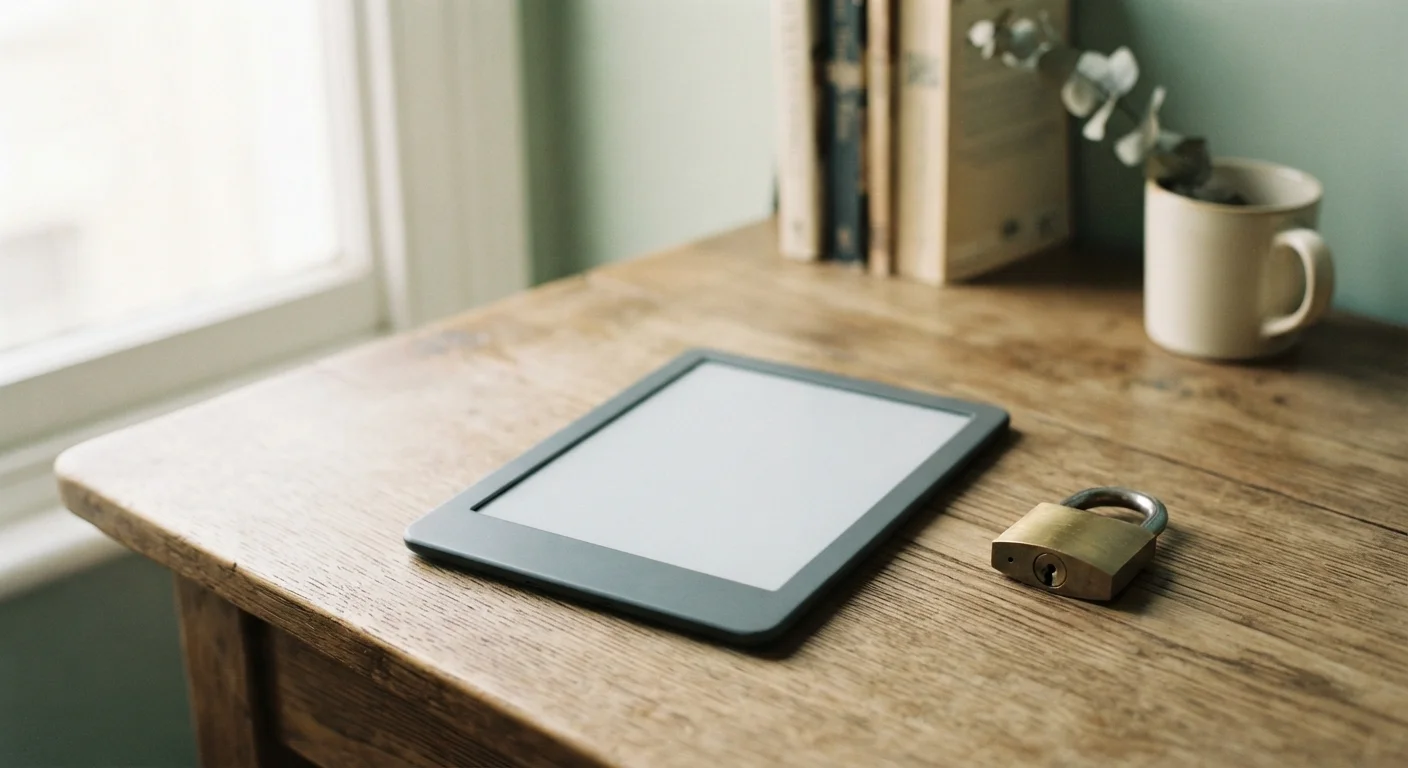 Unbranded e-reader with small brass padlock beside it on desk